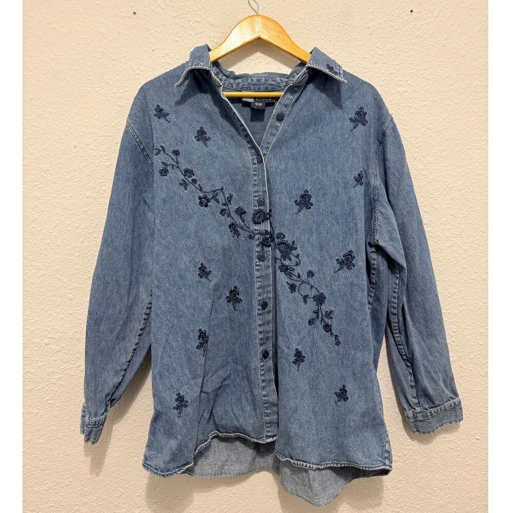 Vintage Embroidered Floral Denim Shirt Boho Fairy Cottage Coastal Cowgirl